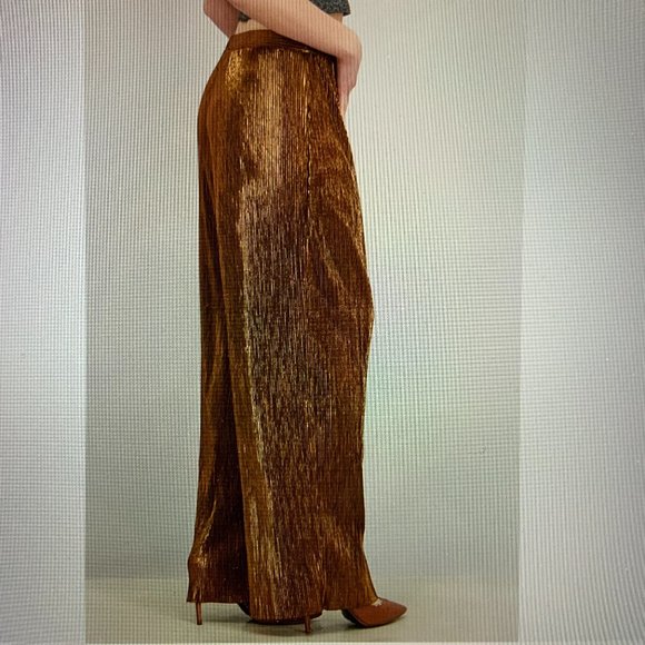 French Connection Taina Metallic Bronze Pleated Jersey Wide Leg Pants Size S - Picture 16 of 16